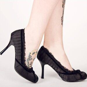 Charlotte Russe Pinup High Heels - Satin Pump Lace Velvet Bow - Black 10